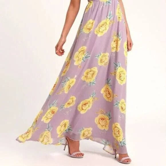 Lulus Kind & Loving Lavender Lined Chiffon  Floral Almost Backless Maxi SzM - Picture 8 of 9